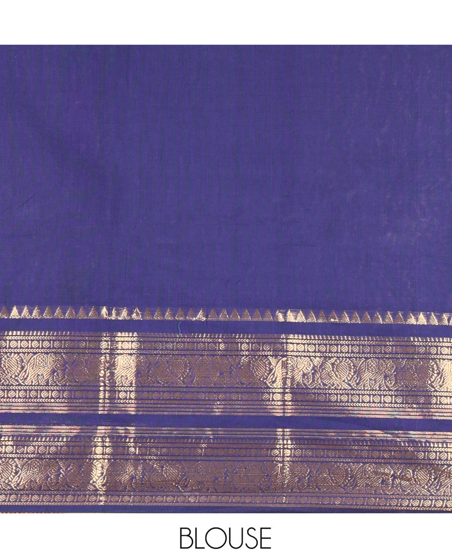 Navy Blue Plain Chettinad Cotton Saree, Highlighted by Traditional Zari Temple Rettai Pettu Peacock-Elephant Border, Striped Pallu and a Matching Blouse
