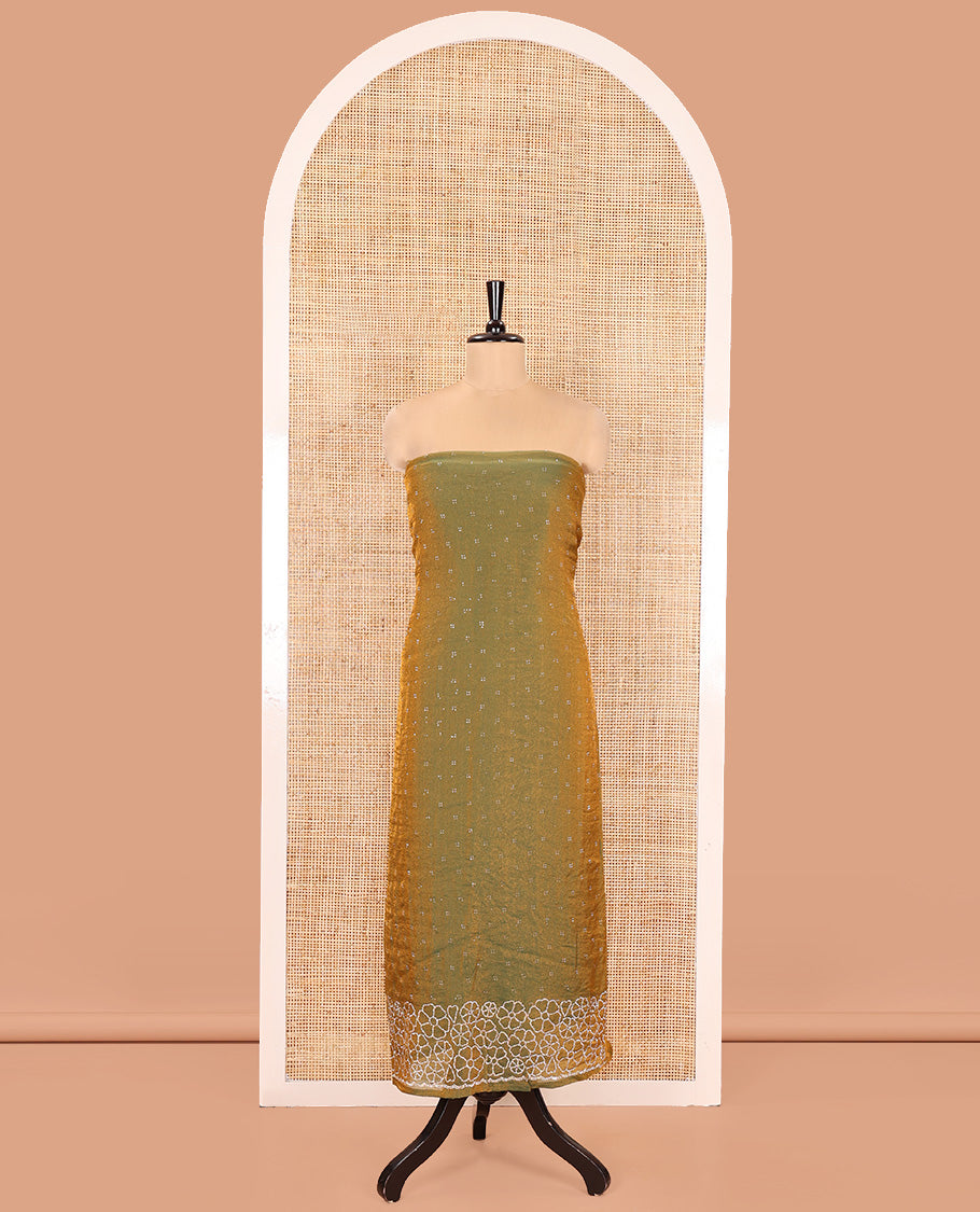 Green Moss Organza Material Churidar Set, Gleamed Up with Swarovski Stone Work-Style Floral Top, Comes with a Plain Santoon Bottom, and Is Paired with Swarovski Stone Work Moss Organza Dupatta
