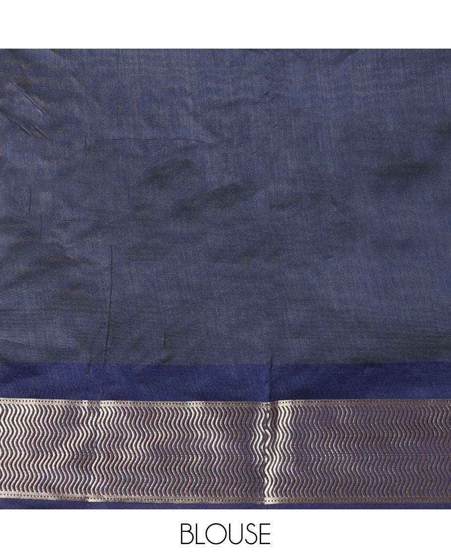 Green Semi-Raw Silk Saree, Adorned with Buttas All Over Its Body, Complemented by Contrast Meenakari-Style Woven Border of Geometric Zari Designs, Majestically Detailed Pallu, and Paired with a Contrast Blouse