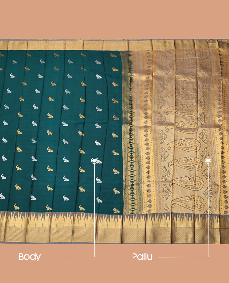 Green Budget Silk Saree, Adorned with Peacock Buttas, Contrast Traditional Zari Temple Border, Grand Pallu, and a Contrast Blouse