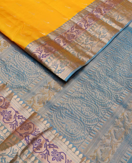 Yellow muniya buttas silk saree, contrast border & pallu of paithani-style meenakari floral & paisley motifs weave