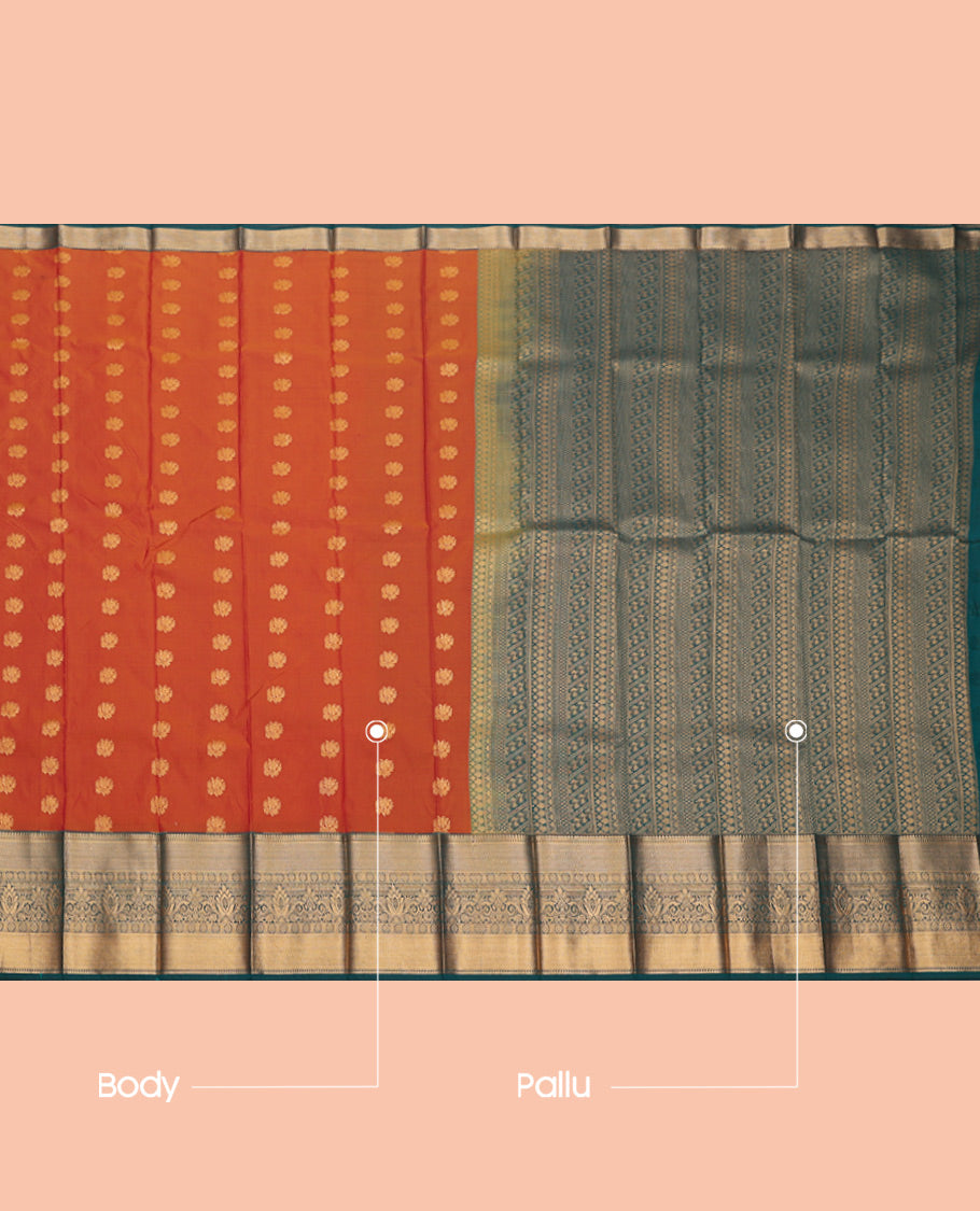 Orange Budget Silk Saree, Beautified with Zari Buttas, Complemented by Contrast Traditional Zari Border, Geometric Pallu, and Contrast Blouse