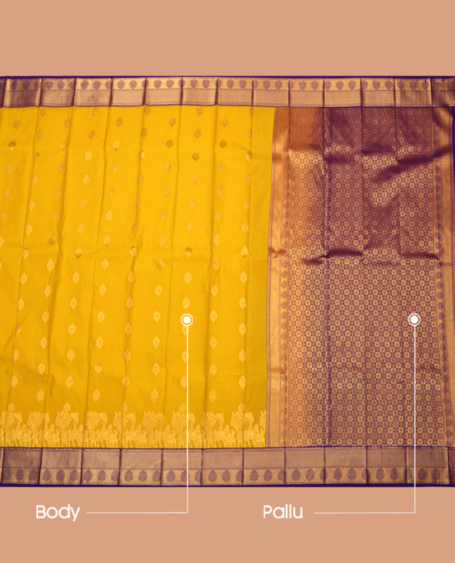 Yellow Budget Silk Saree, Sparsely Woven with Zari Buttas, Complemented by Contrast Traditional Zari Border, Grand Pallu, and a Contrast Blouse