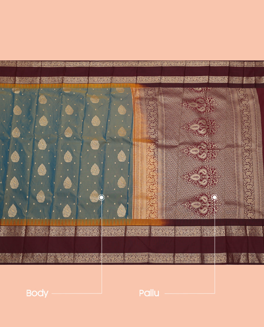 Blue Budget Silk Saree, Delicately Woven with Zari Buttas, Complemented by a Contrast Traditional Zari Rettai Pettu Border, Grand Pallu, and Contrast Blouse