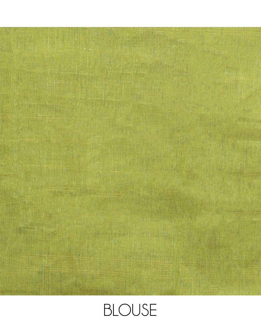 Green Chettinad Cotton Saree, Bedecked with Thread Buttas All Over Its Body, Complemented by a Contrast Traditional Zari Design Border, Pallu of Stripes, and Buttas, and Paired with a Matching Blouse