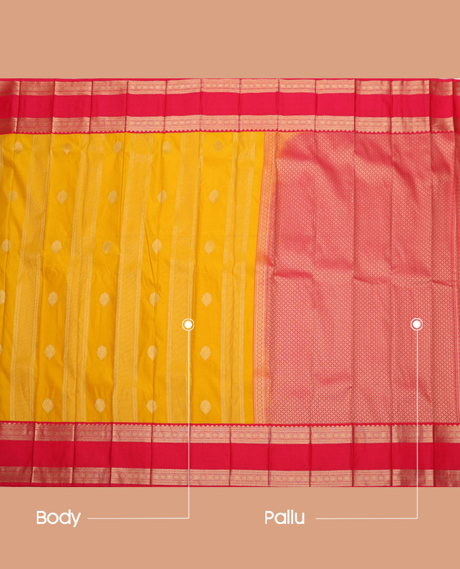 Yellow Budget Silk Saree, Sparsely Woven with Buttas and Stripes, Complemented by a Contrast Traditional Rettai Pettu Border, Jaal Pallu, and a Contrast Blouse