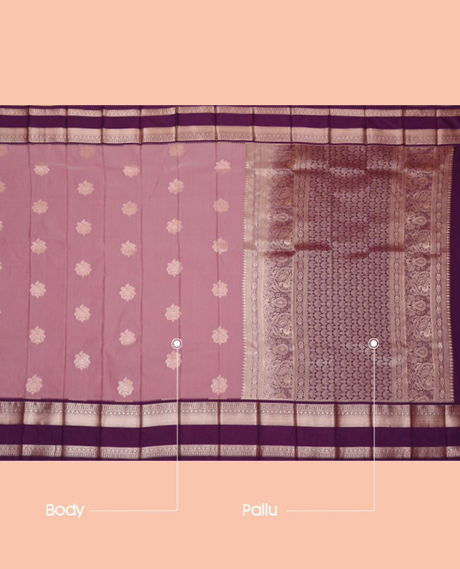 Pink Budget Silk Saree, Beautifully Bedecked with Zari Buttas, Complemented by a Contrast Traditional Zari Rettai Pettu Border, Grand Pallu, and a Contrast Blouse