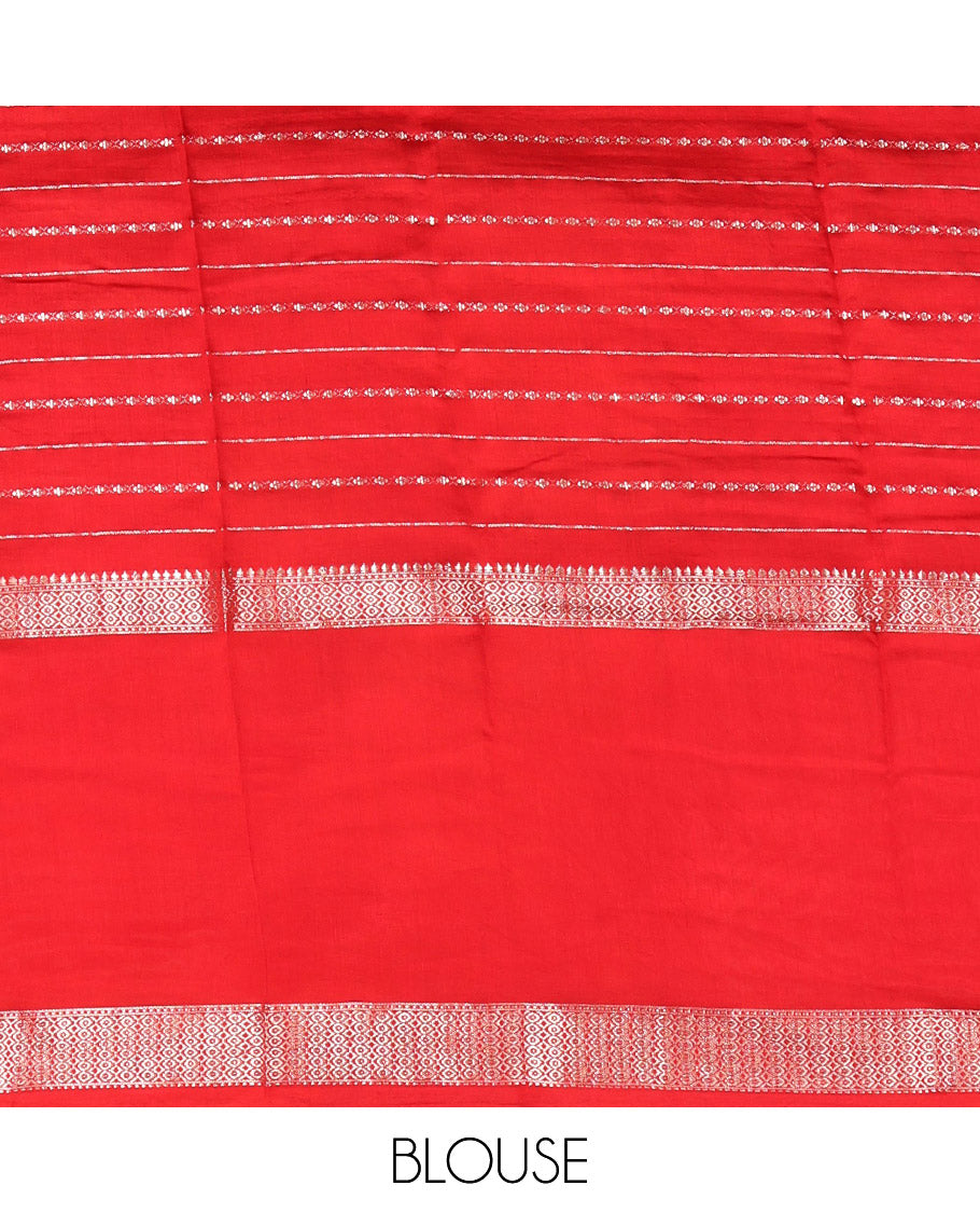White Assam Silk Saree, Featuring Zari Stripes, Complemented by Contrast Big Zari Border,  Zari Woven Pallu, and Contrast Blouse