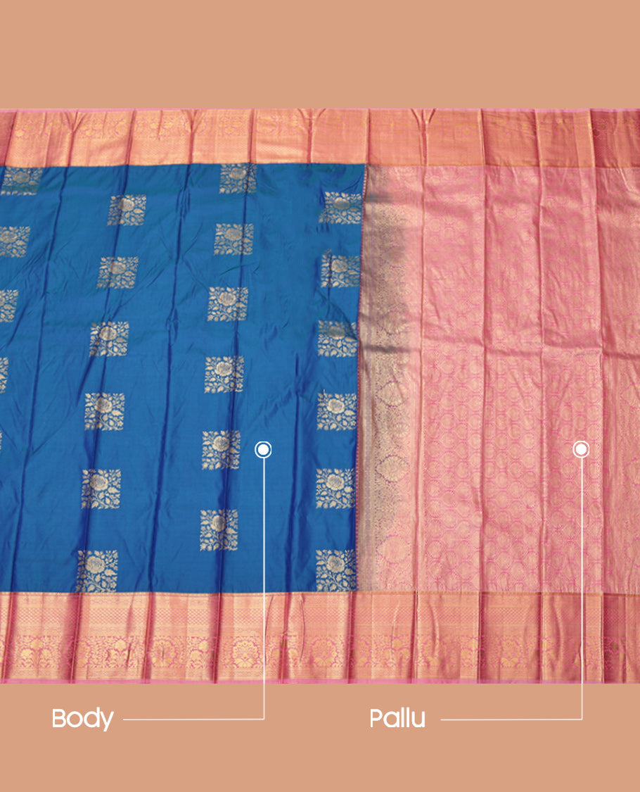 Blue Budget Silk Saree, Boldly Accentuated with Square Buttas, Complemented by Contrast Traditional Zari Border, Grand Pallu and a Contrast Blouse