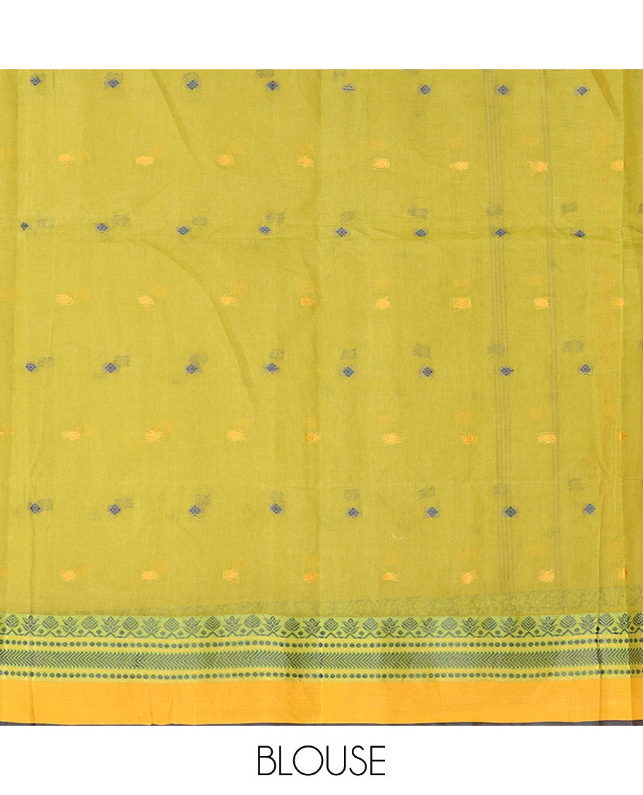 Green Bengal Cotton Saree, Featuring Buttas, Contrast Traditional Design Border, a Pallu of Stripes and Buttas, and a Matching Blouse