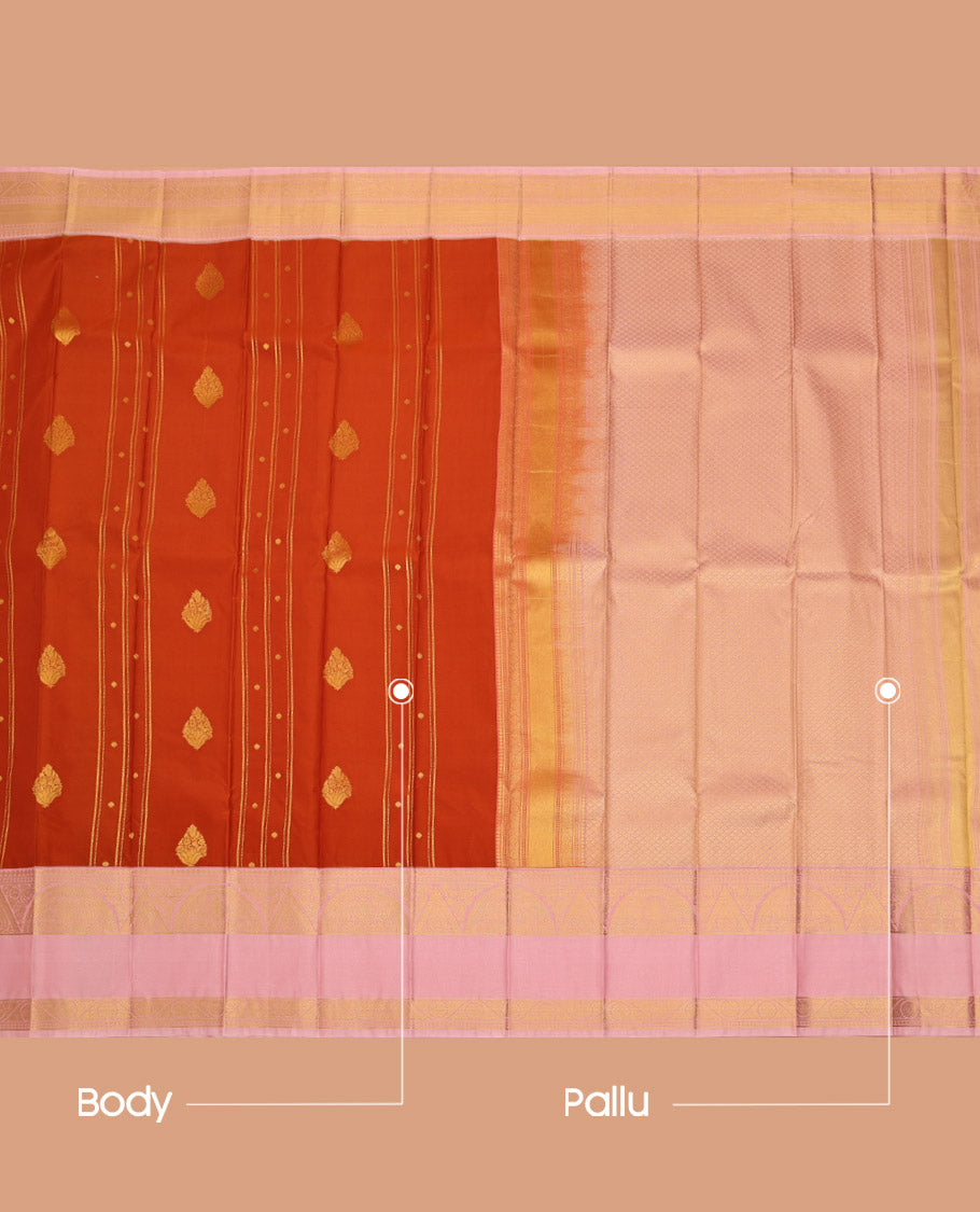 Orange Budget Silk Saree, Detailed with Zari Buttas All Over Its Body, Complemented by a Contrast Traditional Zari Design Rettai Pettu Border, Sparsely Woven Pallu, and Paired with a Contrast Blouse