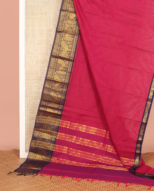 Red Plain Chettinad Cotton Saree, Highlighted  by a Contrast Traditional Zari Border of Peacock Designs, and a Pallu of Zari Stripes