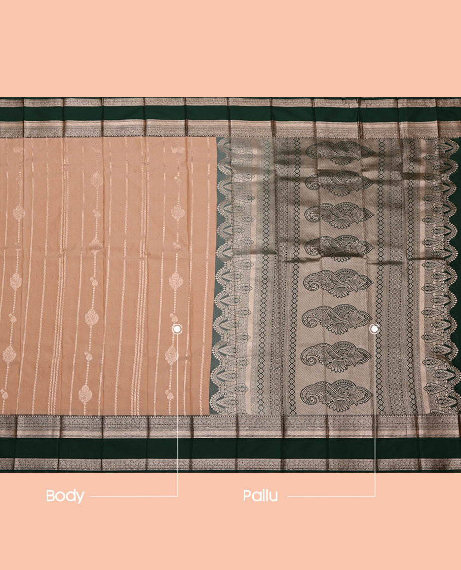 Sandal Budget Silk Saree, Sparsely Woven with Zari Designs All Over Its Body, Complemented by a Contrast Traditional Zari Design Rettai Pettu Border, Intricately Designed Pallu, and Paired with a Contrast Blouse
