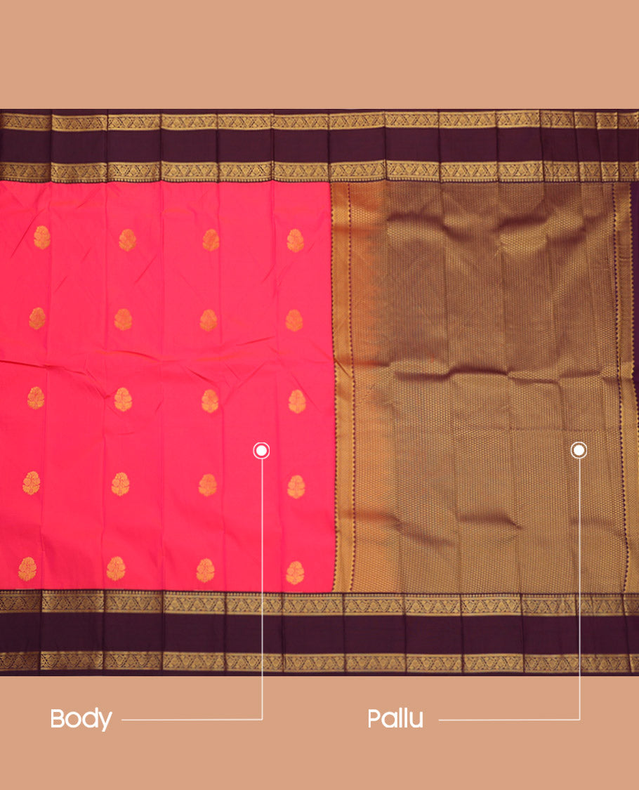 Pink Budget Silk Saree, Embellished with Zari Buttas, Complemented by a Contrast Traditional Zari Rettai Pettu Border, Grand Pallu, and a Contrast Blouse