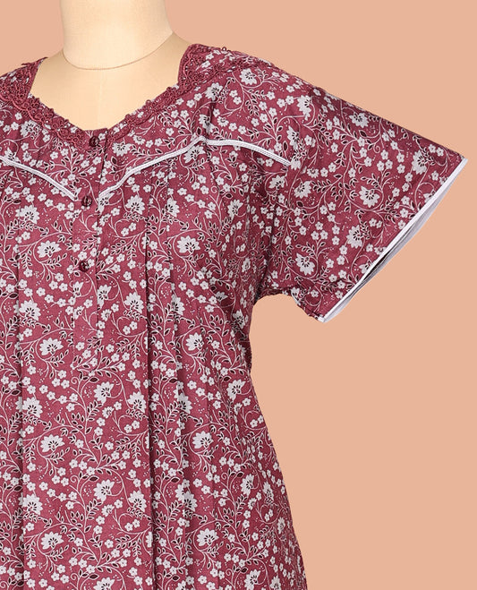 Light Maroon Floral Cotton-Blended Nighty