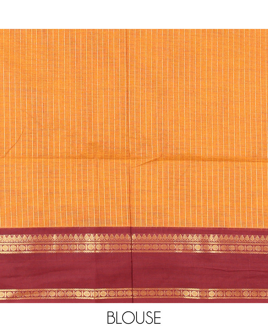 Orange Chettinad Cotton Saree, Woven with Stripes, Complemented by Contrast Rettai Pettu Traditional Zari Border, Striped Pallu, and a Matching Blouse