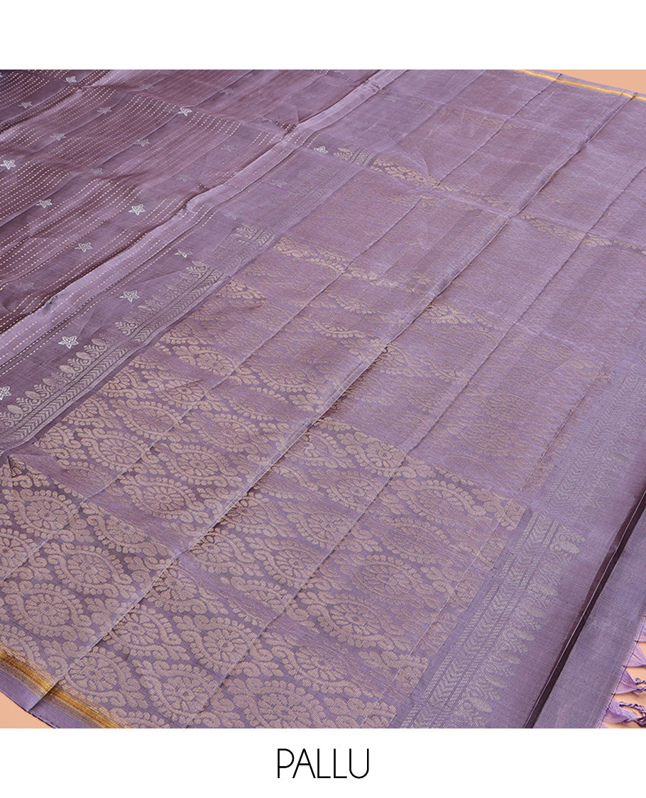 Lavender Mayuri Lite Silk Mix Saree, Adorned with Buttas and Muthu Stripes All Over Its Body, Highlighted by a Zari Border, Pallu of Intricate Designs, and Paired with a Matching Blouse