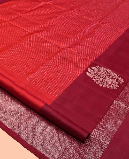 Red Mayuri Soft Silk Saree, Gleamed up with Vaira Oosi Stripes On Its Body, Complemented by Contrast Border of Floral and Peacock Designs, Grand Jaal Pallu and Paired with a Contrast Blouse