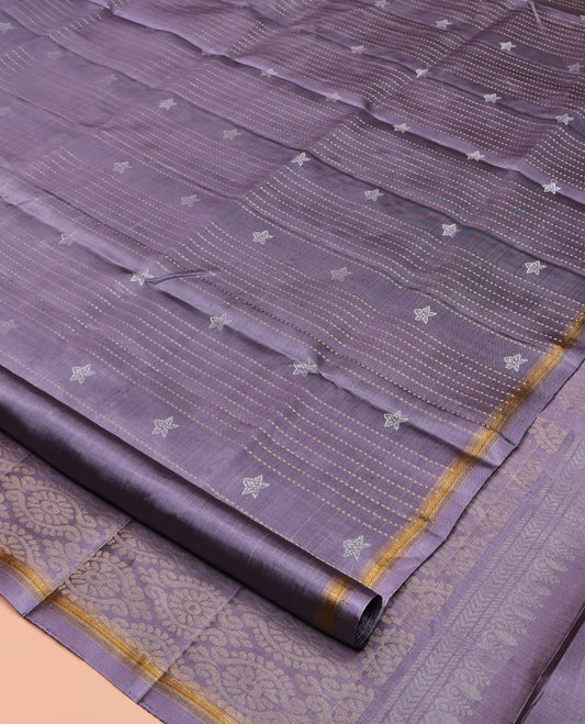 Lavender Mayuri Lite Silk Mix Saree, Adorned with Buttas and Muthu Stripes All Over Its Body, Highlighted by a Zari Border, Pallu of Intricate Designs, and Paired with a Matching Blouse