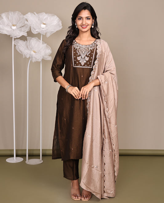 Brown Ready-Made Rayon Suit, Embellished with Embroidered Round Neckline, 3/4 Sleeves, and Straight-Cut Top, Paired with Straight-Cut Pants and a Contrast-Embroidered Scallop Dupatta