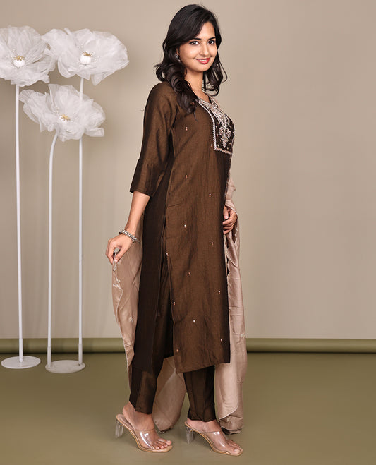 Brown Ready-Made Rayon Suit, Embellished with Embroidered Round Neckline, 3/4 Sleeves, and Straight-Cut Top, Paired with Straight-Cut Pants and a Contrast-Embroidered Scallop Dupatta