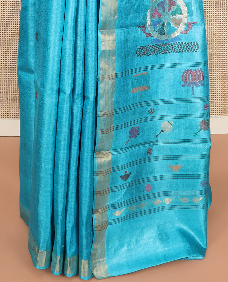 Red rudraksha buttas tussar saree, zari border, and pallu of meena buttas