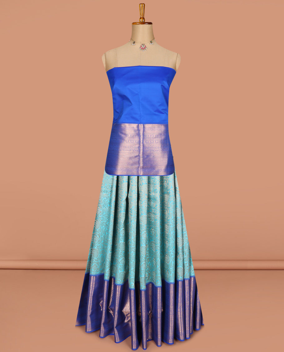 Blue pure silk half-saree, floral jaal jacquard with contrast traditional zari bordered skirt, contrast zari design blouse, and zari design dhavani