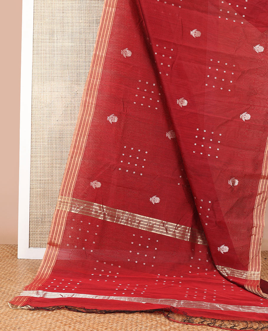 Maroon floral design chanderi cotton saree with self zari border & striped, floral design pallu