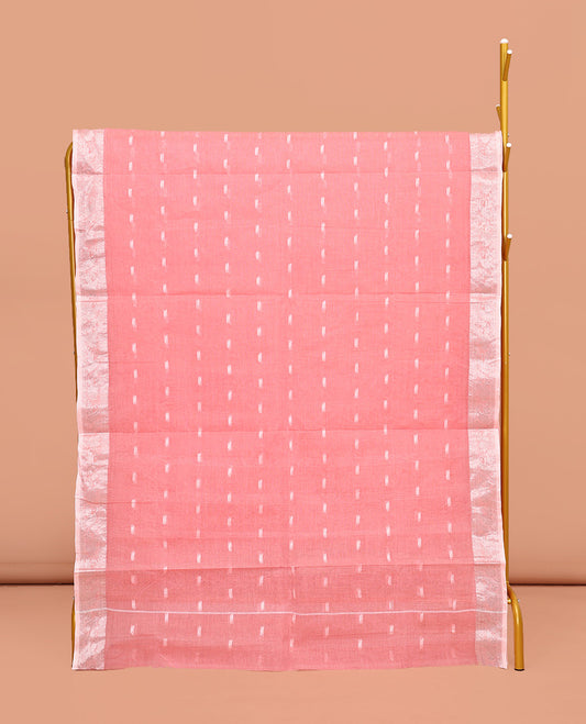 Peach Bengal Cotton Saree, Subtly Sparkled with Buttas All Over Its Body, Complemented by a Contrast Paisley Zari Design Border, Pallu of Stripes, and Paired with a Matching Blouse