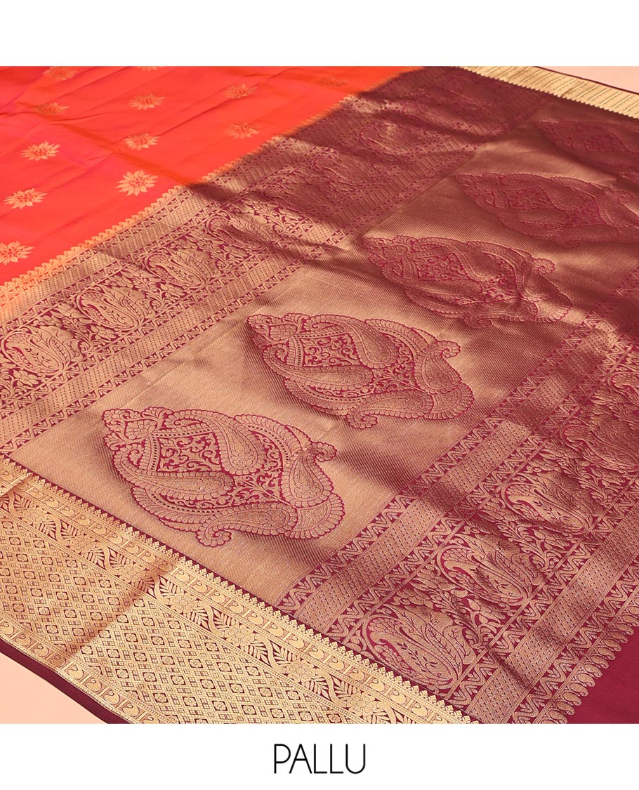 Orange Vasundhara Lite Silk Mix Saree, Accentuated With Zari Buttas All Over Its Body, Complemented by Contrast Traditional Zari Designs Woven Border of Manga, Floral, and Jaal Designs, Grand Jaal Pallu and Paired with a Contrast Blouse