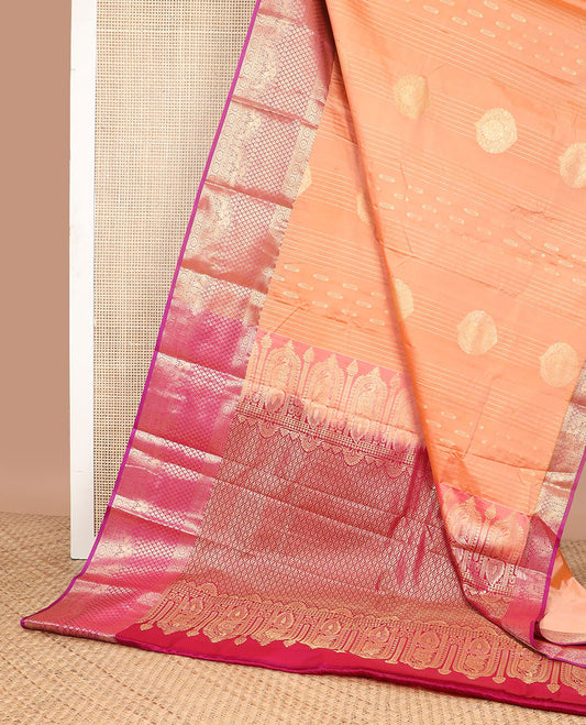 Peach striped, floral design gift saree with contrast zari design border & argyle design pallu
