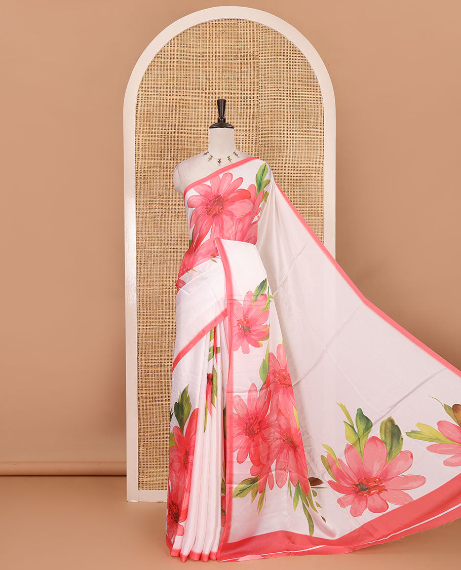 Cream base digital printed satin crepe saree with big pink floral motifs all over the saree, plain pink border & blouse