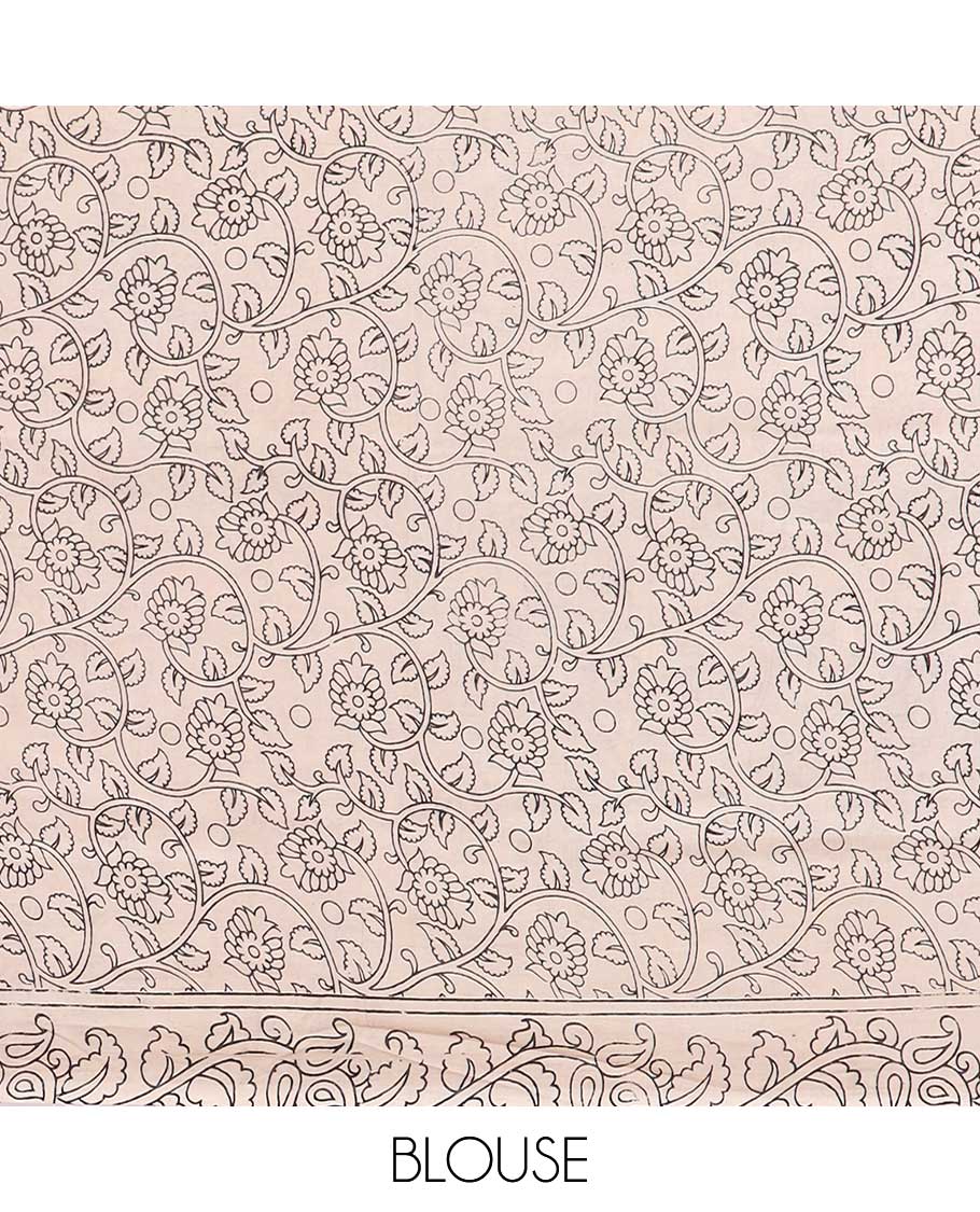 Cream floral design machine-printed kalamkari cotton saree with contrast floral border & paisley, geometric design pallu