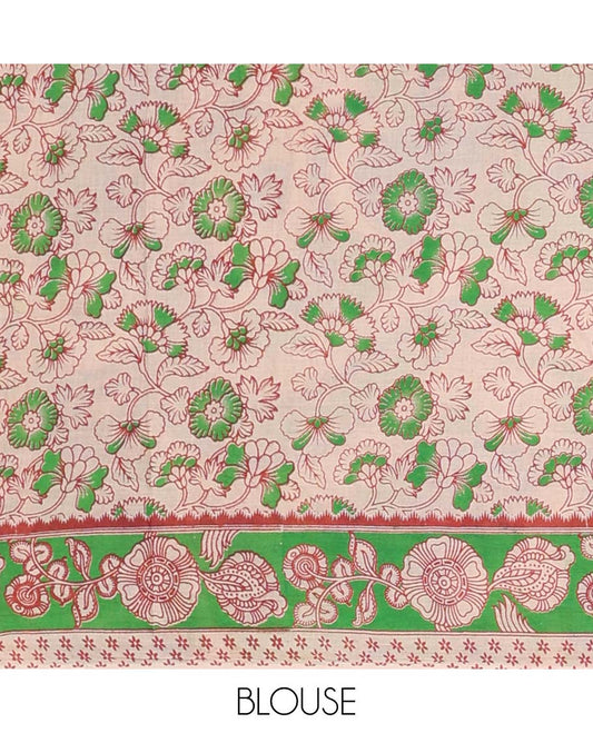 Cream floral vine design machine-printed kalamkari cotton saree with contrast floral border & floral, animal design pallu