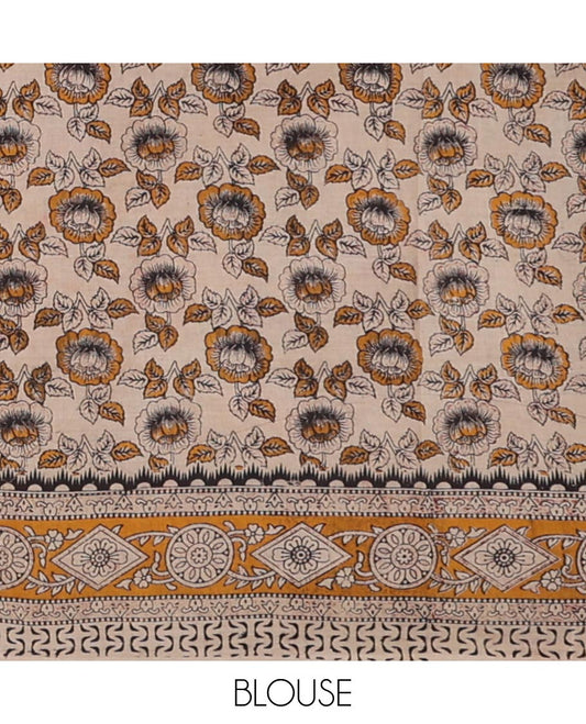 Cream floral motifs machine-printed kalamkari cotton saree with contrast floral design border & human inspried design pallu