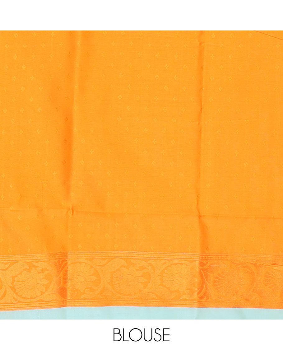 Blue ikkat geometric motifs butter silk saree with contrast floral zari border & intricate floral zari pallu