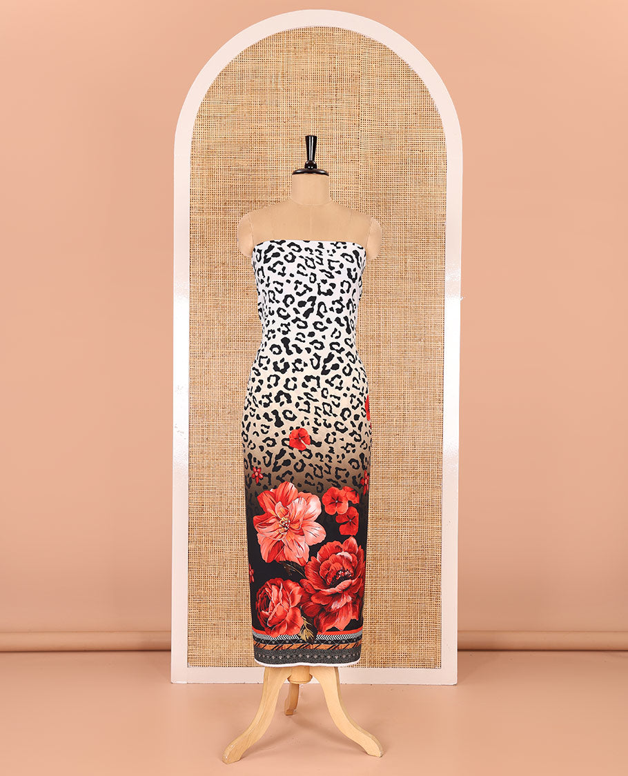 White and black material chudidar set, cheetah skin and floral-printed Italian crepe top, a plain bottom, and a georgette dupatta of cheetah skin and floral print