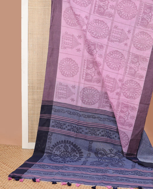 Baby pink intricate design ikkat cotton saree with contrast border & floral design pallu