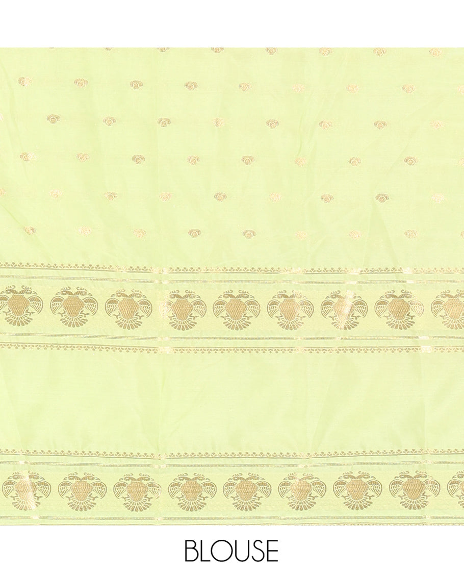Purple Art Mysore Silk Saree, Accentuated with Zari Buttas All Over Its Body, Complemented by a Contrast Rettai Pettu Border of Two-Headed Eagle Designs, Pallu Steeped with Buttas and Stripes, and Paired with a Contrast Blouse