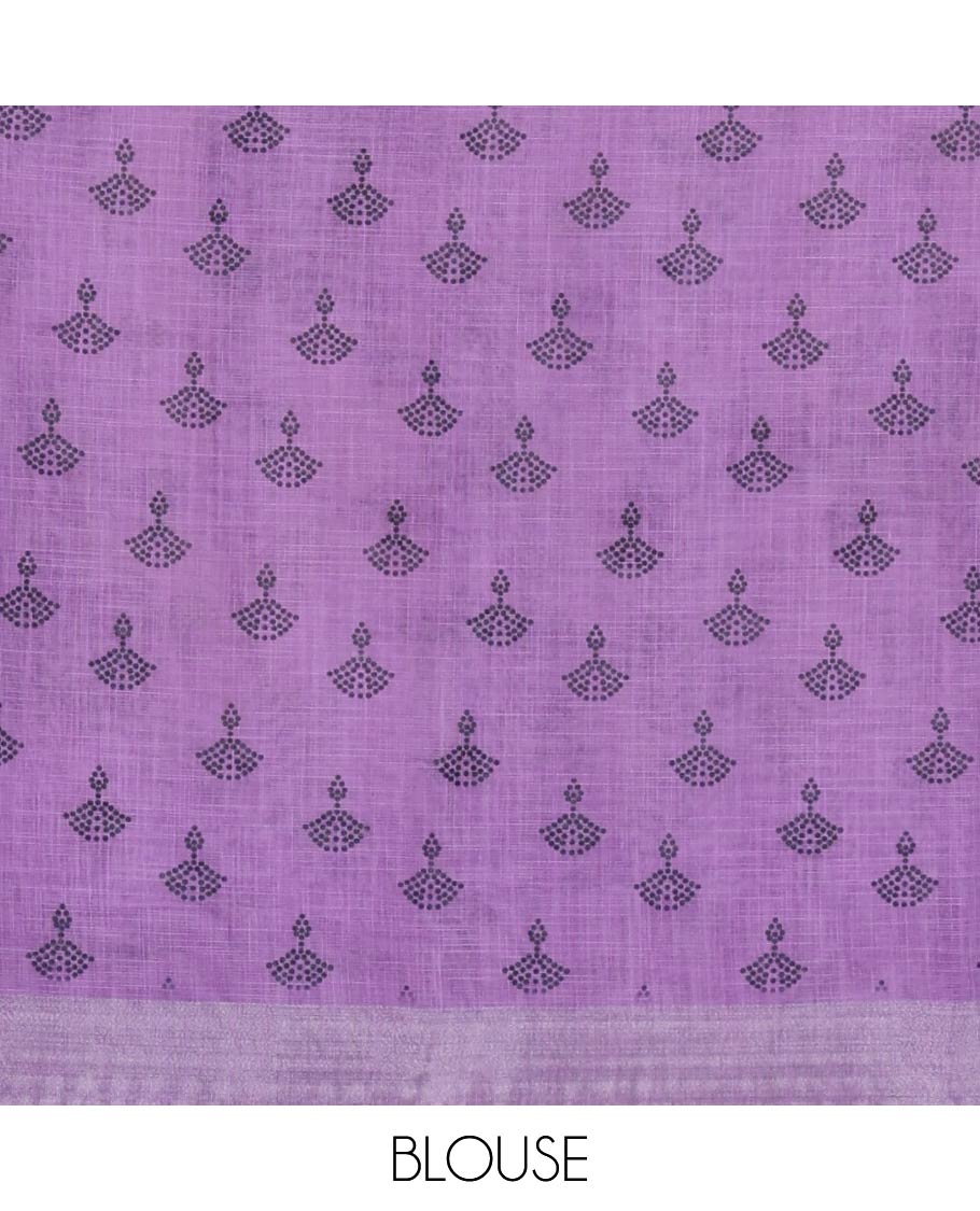 White and Violet Linen Cotton Saree, Elevated with Silhouette-Style Floral Motifs Printed on Its Body, Complemented by Contrast Bavanji Border, Pallu of Silhouette-Style Floral Print, and Comes with a Matching Blouse