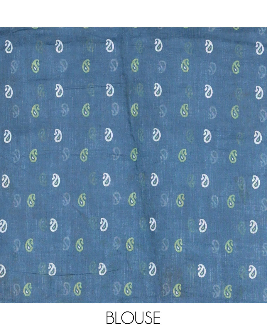 Blue Linen Cotton Saree, Decorated with Floral Vine Print and Mirror Work On Its Body, Subtle Piping Border, Pallu Steeped with Stripes, and Comes With a Contrast Blouse
