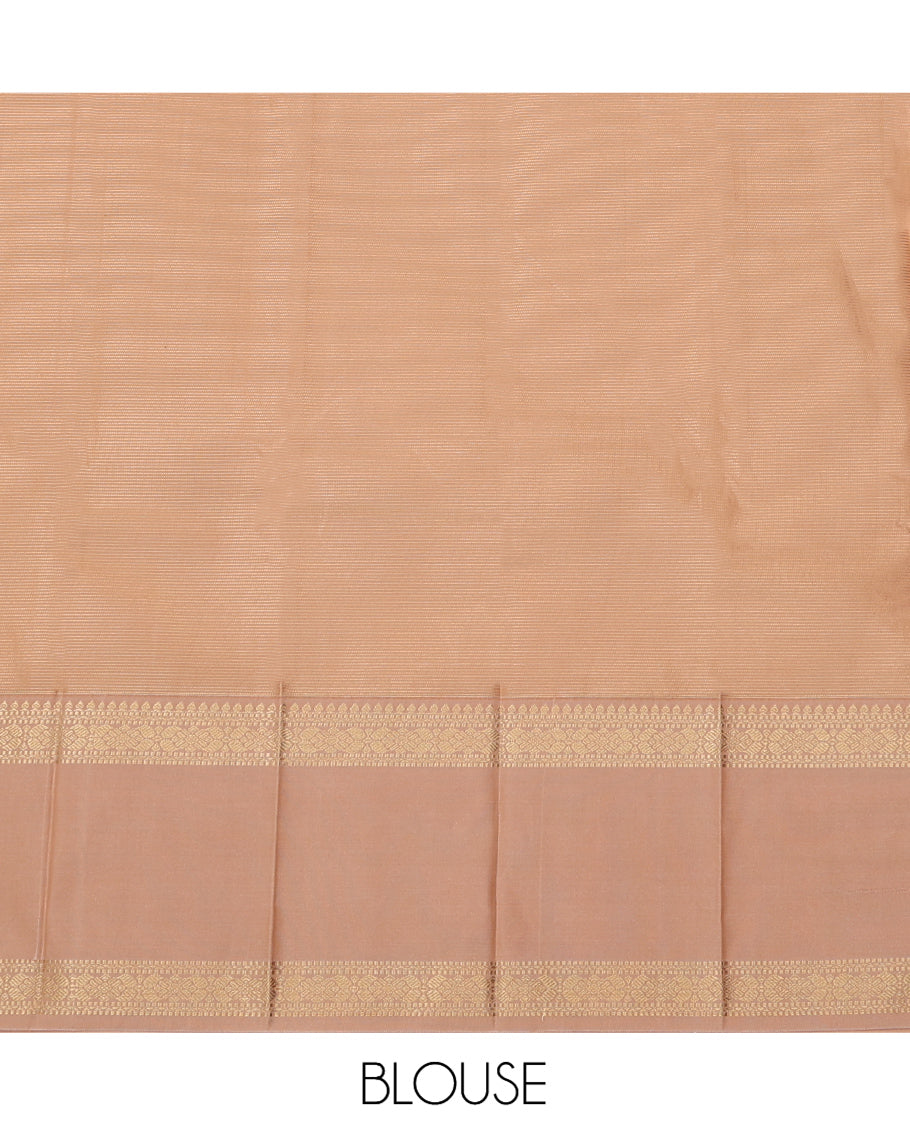 Green Budget Silk Saree, Artfully Detailed with Stripes and Peacock-Chakram Buttas, a Contrast Traditional Zari Rettai Pettu Border, Sparsely Woven Pallu, and a Contrast Blouse