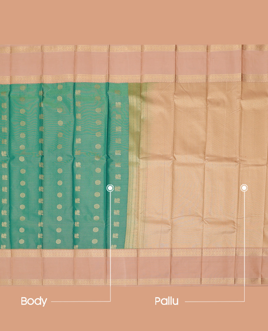 Green Budget Silk Saree, Artfully Detailed with Stripes and Peacock-Chakram Buttas, a Contrast Traditional Zari Rettai Pettu Border, Sparsely Woven Pallu, and a Contrast Blouse