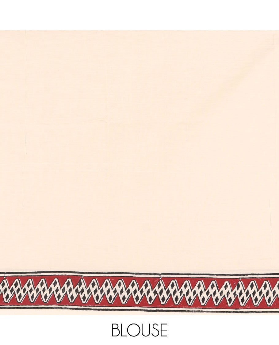 Cream plain South cotton saree with double-sided block printed borders of elephant motifs, and a matching printed blouse