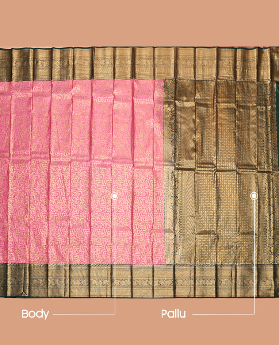 Pink Budget Silk Saree, Impeccably Styled with Floral Jacquard, Complemented by Contrast Traditional Zari Border, Jaal Pallu, and Contrast Blouse