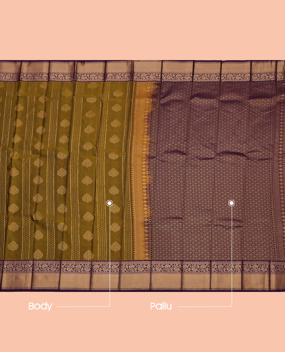 Green Budget Silk Saree, Detailed with Zari Buttas All Over Its Body, Complemented by a Contrast Traditional Zari Design Border, Grand Jaal Pallu, and Paired with a Contrast Blouse