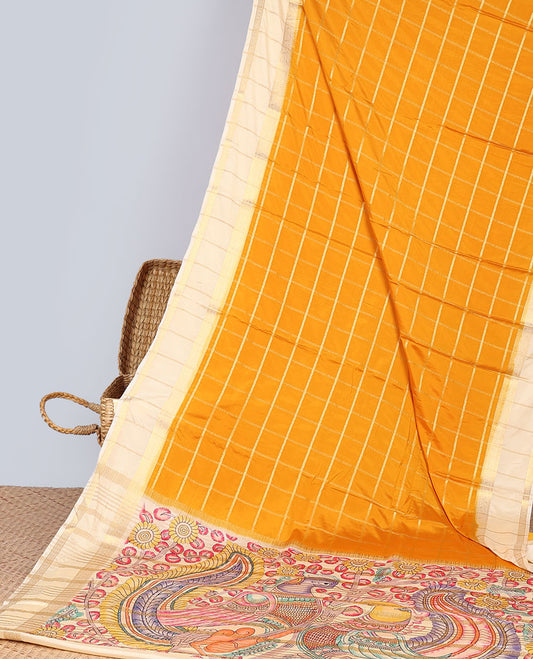Yellow checked mysore silk saree with contrast reiped border & peacock design print pallu