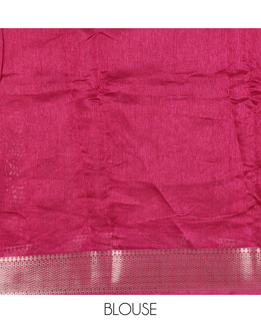 Magenta paisley motifs printed green silk saree, traditional zari border, paisley printed pallu, and a matching blouse
