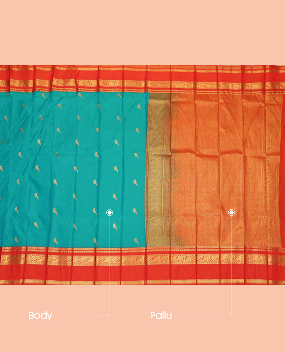 Blue Budget Silk Saree, Styled with Zari Buttas, Complemented by Contrast Traditional Rettai Pettu Border, a Jaal Pallu and a Contrast Blouse