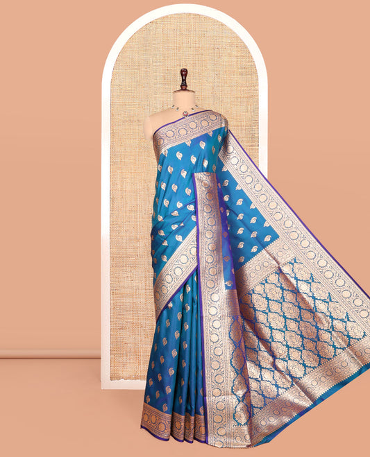 Blue Banarasi Nylon Saree, Decorated with Buttas, Floral Creeper Zari Border, Intricate Pallu, and a Matching Blouse